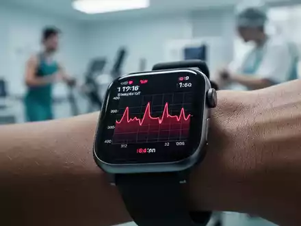 Eine Nahaufnahme einer Smartwatch, die eine Herzfrequenzkurve anzeigt, mit unscharfem medizinischem oder sportlichem Hintergrund. - Foto: über boerse-global.de