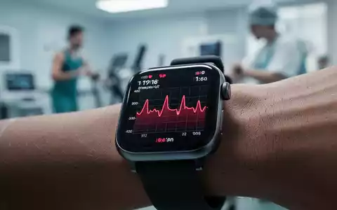 Eine Nahaufnahme einer Smartwatch, die eine Herzfrequenzkurve anzeigt, mit unscharfem medizinischem oder sportlichem Hintergrund. - Foto: über boerse-global.de