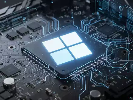 Leuchtendes Windows 11-Logo auf modernem Mainboard mit Schaltkreisen und Mikrochips, beleuchtet von kühlem Blaulicht. - Foto: über boerse-global.de