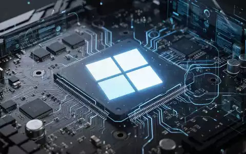 Leuchtendes Windows 11-Logo auf modernem Mainboard mit Schaltkreisen und Mikrochips, beleuchtet von kühlem Blaulicht. - Foto: über boerse-global.de
