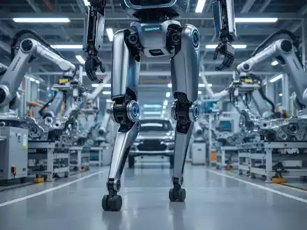 Menschlicher Roboter, ähnlich wie Boston Dynamics Atlas, in einer Hightech-Fabrik mit Roboterarmen im Hintergrund. - Foto: über boerse-global.de