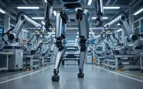 Menschlicher Roboter, ähnlich wie Boston Dynamics Atlas, in einer Hightech-Fabrik mit Roboterarmen im Hintergrund. - Foto: über boerse-global.de