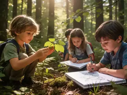 Kinder beim Erkunden eines Waldes, Sonnenlicht fällt durch die Bäume, eines zeichnet, ein anderes berührt ein Blatt. - Foto: über boerse-global.de