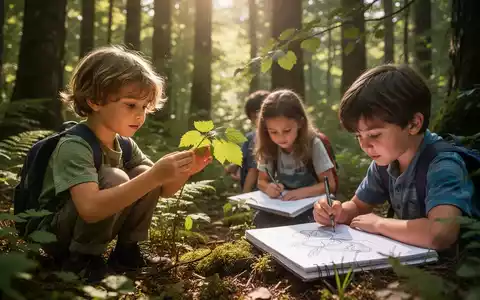 Kinder beim Erkunden eines Waldes, Sonnenlicht fällt durch die Bäume, eines zeichnet, ein anderes berührt ein Blatt. - Foto: über boerse-global.de