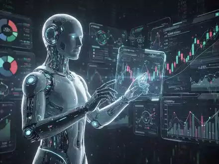 Leuchtende humanoide KI interagiert mit digitalen Handels- und Finanzdaten-Visualisierungen. - Foto: über boerse-global.de