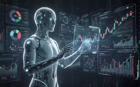 Leuchtende humanoide KI interagiert mit digitalen Handels- und Finanzdaten-Visualisierungen. - Foto: über boerse-global.de