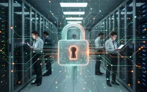 Ein stilisiertes digitales Vorhängeschloss-Symbol über einem Netzwerk aus leuchtenden Linien, das Datensicherheit und IT-Notfallplanung darstellt. - Foto: über boerse-global.de