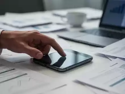Eine Hand greift nach einem Smartphone auf einem Schreibtisch, umgeben von verschwommenen Bürodokumenten und einem Laptop. - Foto: über boerse-global.de