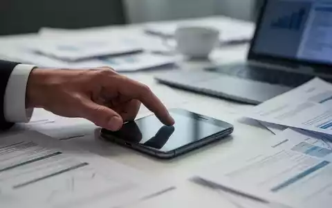 Eine Hand greift nach einem Smartphone auf einem Schreibtisch, umgeben von verschwommenen Bürodokumenten und einem Laptop. - Foto: über boerse-global.de
