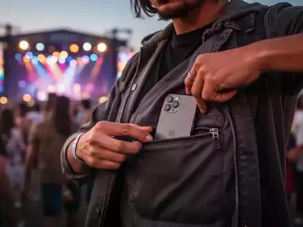 Eine Person auf einem Musikfestival steckt ein Smartphone in eine sichere Innentasche, um Diebstahl zu verhindern. - Foto: über boerse-global.de