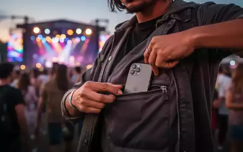 Eine Person auf einem Musikfestival steckt ein Smartphone in eine sichere Innentasche, um Diebstahl zu verhindern. - Foto: über boerse-global.de