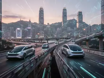 Hongkonger Stadtbild bei Dämmerung mit autonomen Fahrzeugen und Finanzgebäuden, symbolisiert Technologie, Finanzen und Börsengänge. - Foto: über boerse-global.de
