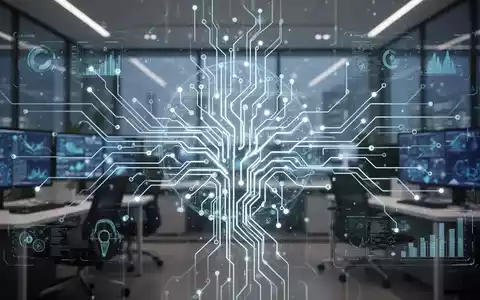 Stilisierte, leuchtende neuronale Netzstruktur über unscharfem Bürohintergrund. - Foto: über boerse-global.de
