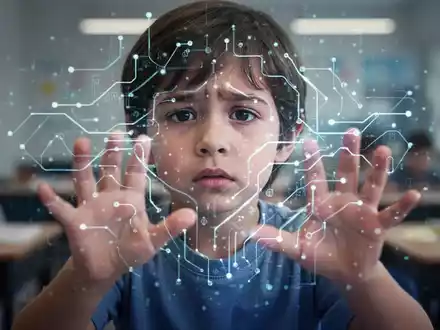 Hände eines Kindes interagieren mit einer leuchtenden, abstrakten digitalen Benutzeroberfläche, die KI symbolisiert. - Foto: über boerse-global.de
