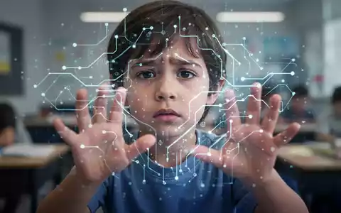 Hände eines Kindes interagieren mit einer leuchtenden, abstrakten digitalen Benutzeroberfläche, die KI symbolisiert. - Foto: über boerse-global.de