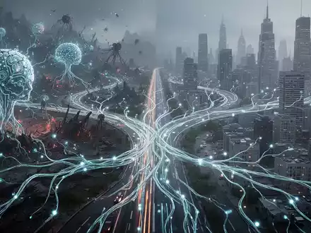 Abstrakte Darstellung von künstlicher Intelligenz an einem Scheideweg, der Herausforderungen und Produktivität symbolisiert. - Foto: über boerse-global.de