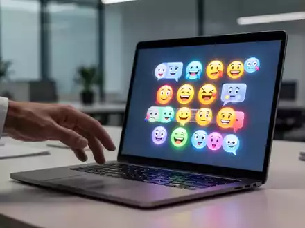 Eine Hand schwebt über einer Laptoptastatur, während eine leuchtende Emoji-Palette auf dem Bildschirm angezeigt wird. - Foto: über boerse-global.de