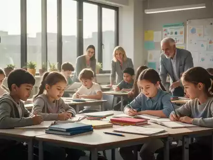 Eine Gruppe von Kindern und Erwachsenen lernt in einem modernen Klassenzimmer, Sonnenlicht fällt durch die Fenster. - Foto: über boerse-global.de