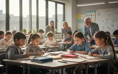 Eine Gruppe von Kindern und Erwachsenen lernt in einem modernen Klassenzimmer, Sonnenlicht fällt durch die Fenster. - Foto: über boerse-global.de