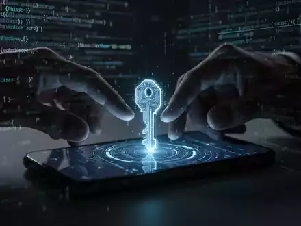 Eine Hand greift nach einem leuchtenden digitalen Schlüssel-Symbol auf einem Smartphone-Bildschirm, mit verschwommenen Code-Zeilen im Hintergrund. - Foto: über boerse-global.de