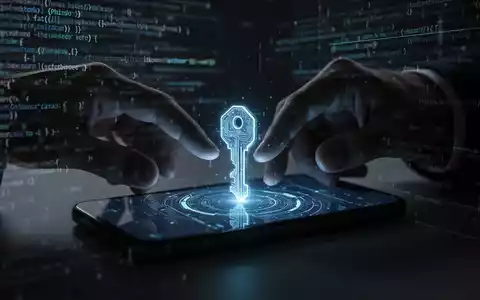 Eine Hand greift nach einem leuchtenden digitalen Schlüssel-Symbol auf einem Smartphone-Bildschirm, mit verschwommenen Code-Zeilen im Hintergrund. - Foto: über boerse-global.de