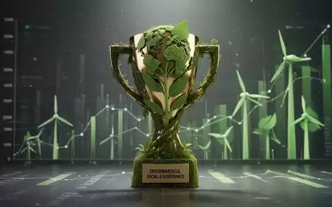 Ein stilisierter Preis, der ESG-Prinzipien und Nachhaltigkeit symbolisiert, vor einem Hintergrund aus Finanzdaten und grünen Energiesymbolen. - Foto: über boerse-global.de