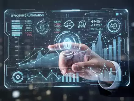 Eine Hand interagiert mit einem futuristischen, leuchtenden Tabelleninterface mit Finanzdaten und KI-Symbolen, die Automatisierung darstellt. - Foto: über boerse-global.de