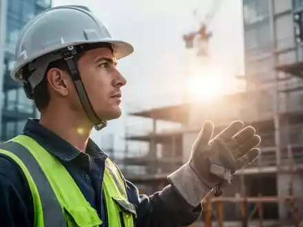 Nahaufnahme eines Arbeiters mit Schutzausrüstung auf einer Baustelle, der in die Ferne blickt, mit verschwommenem Industriehintergrund. - Foto: über boerse-global.de