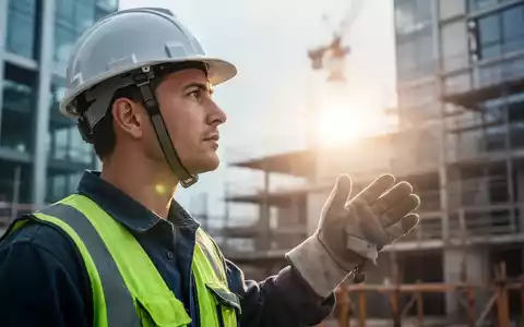 Nahaufnahme eines Arbeiters mit Schutzausrüstung auf einer Baustelle, der in die Ferne blickt, mit verschwommenem Industriehintergrund. - Foto: über boerse-global.de