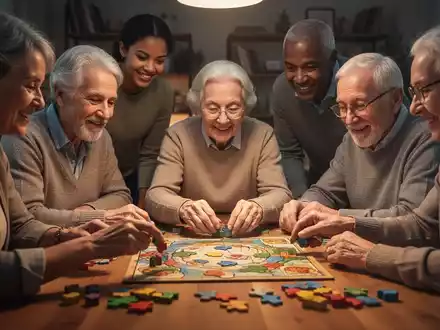 Eine Gruppe von Menschen unterschiedlichen Alters, die gemeinsam an einem Brettspiel oder Puzzle teilnehmen, symbolisiert Gedächtnistraining. - Foto: über boerse-global.de
