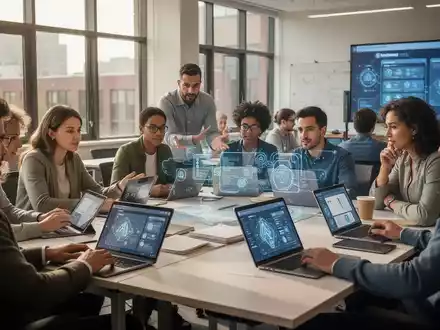 Erwachsene Lernende in einem modernen Klassenzimmer, die Tablets und Laptops benutzen. Der Fokus liegt auf digitaler Bildung und KI-Integration. - Foto: über boerse-global.de