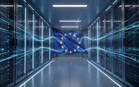Futuristischer Serverraum mit leuchtend blauen Datenströmen, die künstliche Intelligenz und Datenunabhängigkeit für Europa symbolisieren. - Foto: über boerse-global.de