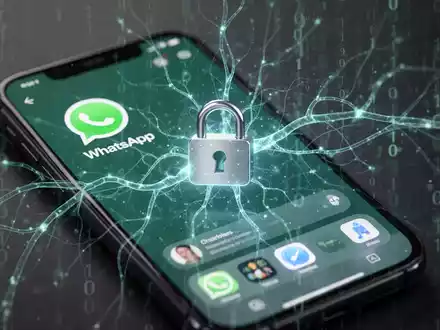Smartphone-Bildschirm mit WhatsApp-Chat, KI-Visuals und Vorhängeschloss-Symbol für Privatsphäre und KI-Integration. - Foto: über boerse-global.de