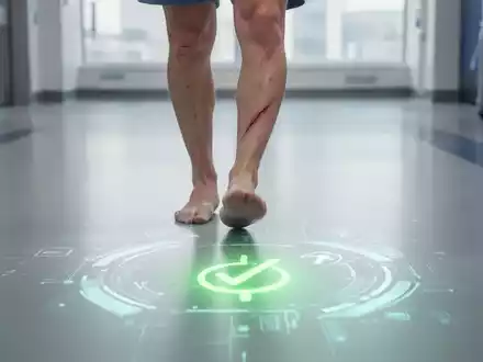 Eine Person geht, ihre Beine mit einem chirurgischen Narben am Knie sind sichtbar. Ein digitales Feedback-System projiziert leuchtende Symbole auf den Boden. - Foto: über boerse-global.de