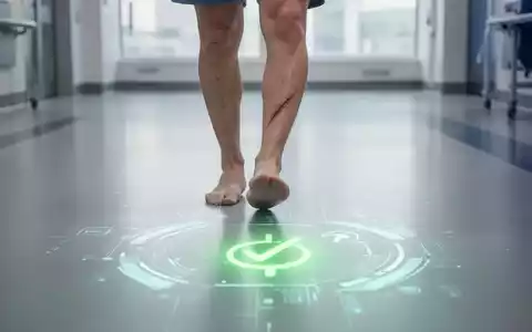 Eine Person geht, ihre Beine mit einem chirurgischen Narben am Knie sind sichtbar. Ein digitales Feedback-System projiziert leuchtende Symbole auf den Boden. - Foto: über boerse-global.de