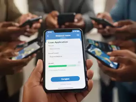 Smartphone-Bildschirm mit digitalem Kreditantrag, unscharfe Hände mit anderen Handys im Hintergrund symbolisieren finanzielle Inklusion. - Foto: über boerse-global.de