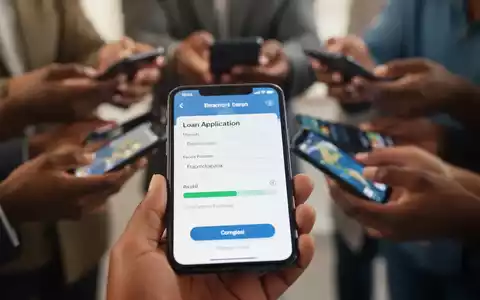 Smartphone-Bildschirm mit digitalem Kreditantrag, unscharfe Hände mit anderen Handys im Hintergrund symbolisieren finanzielle Inklusion. - Foto: über boerse-global.de