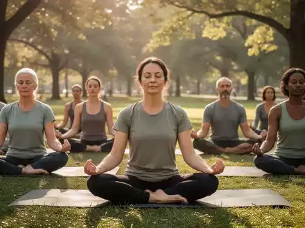 Eine vielfältige Gruppe von Menschen praktiziert Achtsamkeitsübungen wie Meditation oder sanftes Yoga in einem ruhigen Park. - Foto: über boerse-global.de