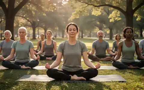 Eine vielfältige Gruppe von Menschen praktiziert Achtsamkeitsübungen wie Meditation oder sanftes Yoga in einem ruhigen Park. - Foto: über boerse-global.de