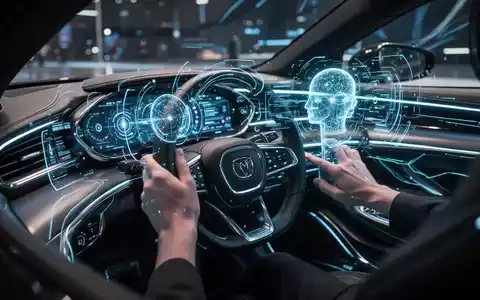 Futuristisches Autoinnenraum mit holografischer KI-Assistenten-Oberfläche auf dem Armaturenbrett, leuchtenden digitalen Linien und Fahrerhänden. - Foto: über boerse-global.de