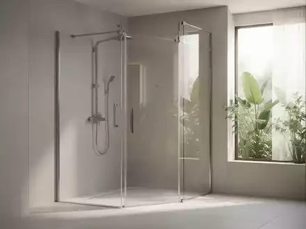 Ein minimalistisches Badezimmer mit einer Duschkabine, gefüllt mit weichem, natürlichem Licht, das Sauberkeit und Ruhe ausstrahlt. - Foto: über boerse-global.de