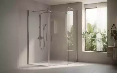 Ein minimalistisches Badezimmer mit einer Duschkabine, gefüllt mit weichem, natürlichem Licht, das Sauberkeit und Ruhe ausstrahlt. - Foto: über boerse-global.de
