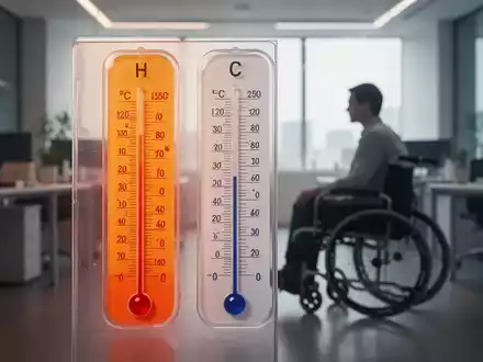 Ein Thermometer zeigt hohe Temperaturen in einem modernen Büro. Im Hintergrund ist eine verschwommene Silhouette einer Person im Rollstuhl zu sehen. - Foto: über boerse-global.de