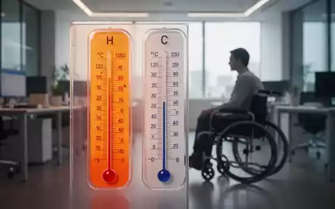 Ein Thermometer zeigt hohe Temperaturen in einem modernen Büro. Im Hintergrund ist eine verschwommene Silhouette einer Person im Rollstuhl zu sehen. - Foto: über boerse-global.de