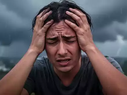 Eine Person hält den Kopf, mit verschwommenem Hintergrund, der stürmisches Wetter und dunkle Wolken zeigt. Vermittelt Unbehagen. - Foto: über boerse-global.de