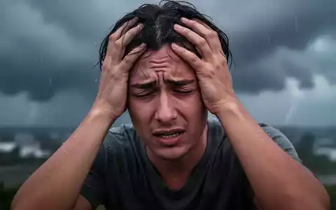 Eine Person hält den Kopf, mit verschwommenem Hintergrund, der stürmisches Wetter und dunkle Wolken zeigt. Vermittelt Unbehagen. - Foto: über boerse-global.de
