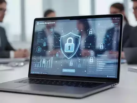 Ein Laptop-Bildschirm zeigt eine sichere Datenverwaltungsoberfläche mit abstrakten Datenpunkten und Schlosssymbolen. - Foto: über boerse-global.de