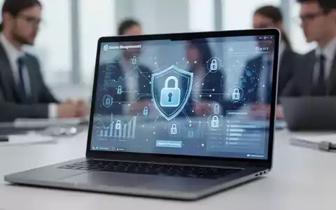 Ein Laptop-Bildschirm zeigt eine sichere Datenverwaltungsoberfläche mit abstrakten Datenpunkten und Schlosssymbolen. - Foto: über boerse-global.de