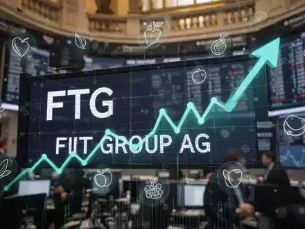 Ein stilisierter Börsenticker zeigt 'FTG' und 'FIT GROUP AG' mit einem AufwĂ€rtstrend, umgeben von Gesundheits- und ErnĂ€hrungssymbolen. - Foto: ĂŒber boerse-global.de