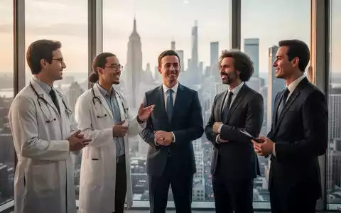 Eine Gruppe erfolgreicher Fachkräfte, darunter ein Arzt, ein IT-Sicherheitsexperte und ein Anwalt, in einem modernen Büro. - Foto: über boerse-global.de